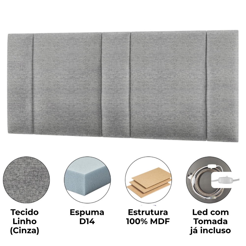 Cabeceira Modulada Queen 160 cm Com Led Linho Cinza Milani Store
