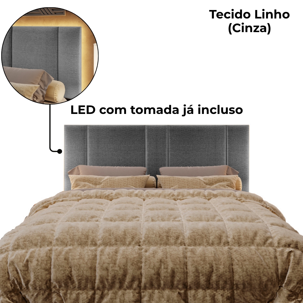 Cabeceira Modulada Queen 160 cm Com Led Linho Cinza Milani Store