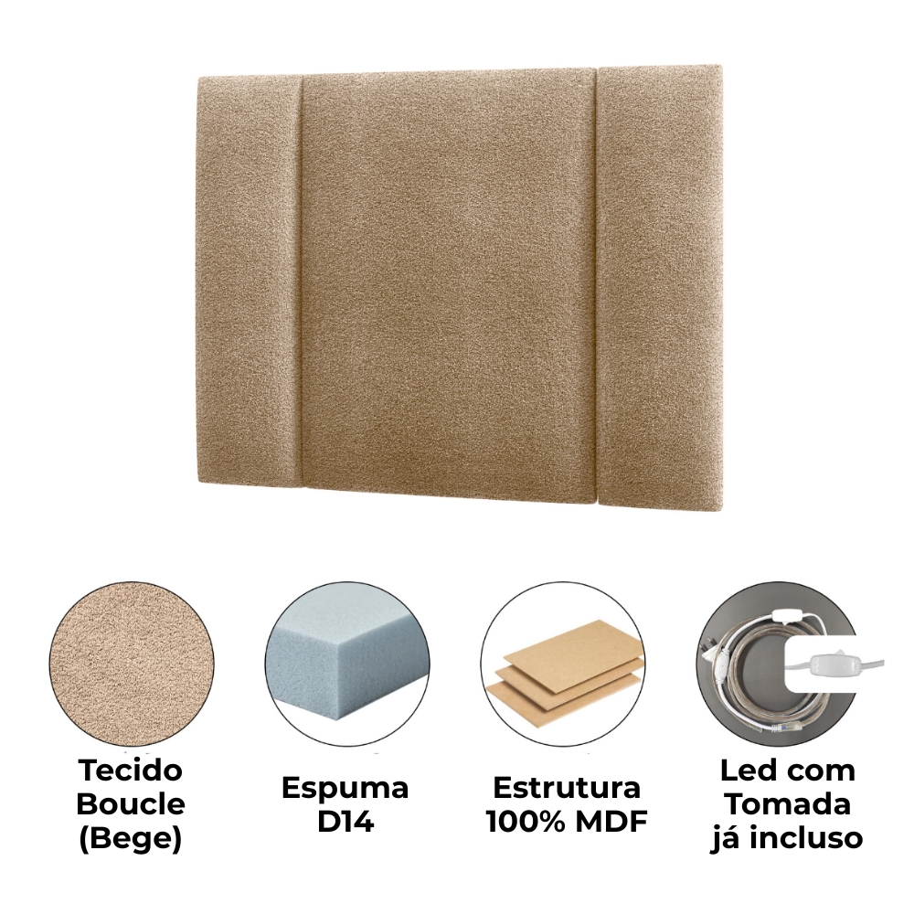 Cabeceira Modulada Solteiro 90 cm Com Led Boucle Bege Milani Store