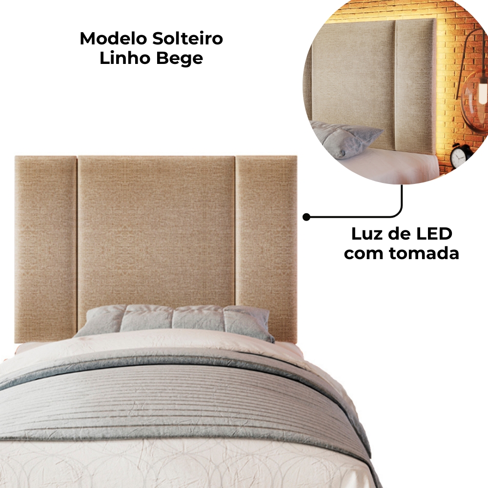 Cabeceira Modulada Solteiro 90 cm Com Led Linho Bege Milani Store