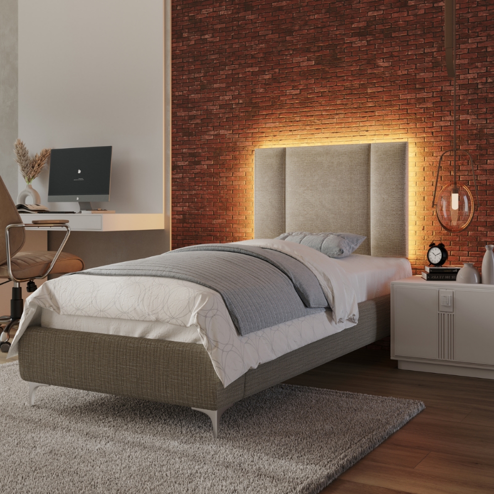 Cabeceira Modulada Solteiro 90 cm Com Led Linho Bege Milani Store
