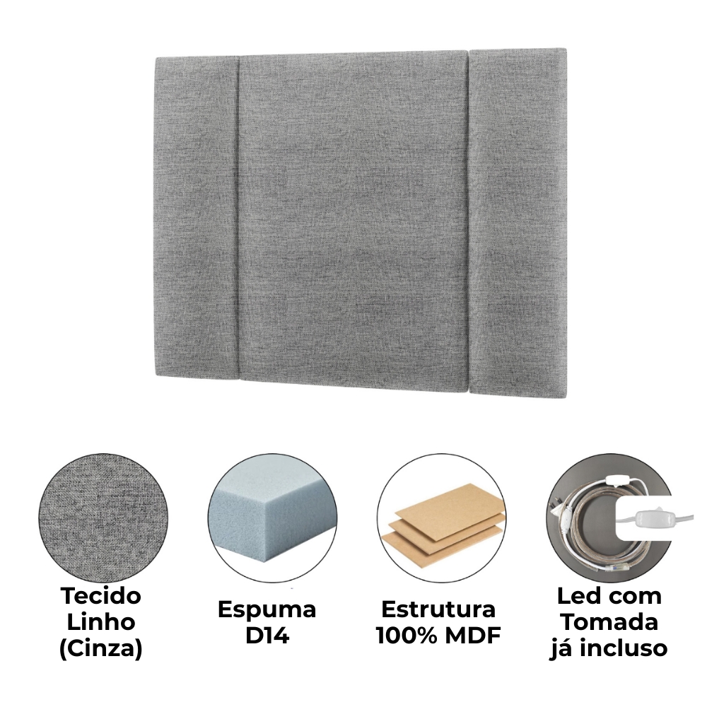 Cabeceira Modulada Solteiro 90 cm Com Led Linho Cinza Milani Store