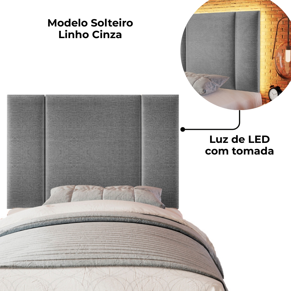 Cabeceira Modulada Solteiro 90 cm Com Led Linho Cinza Milani Store