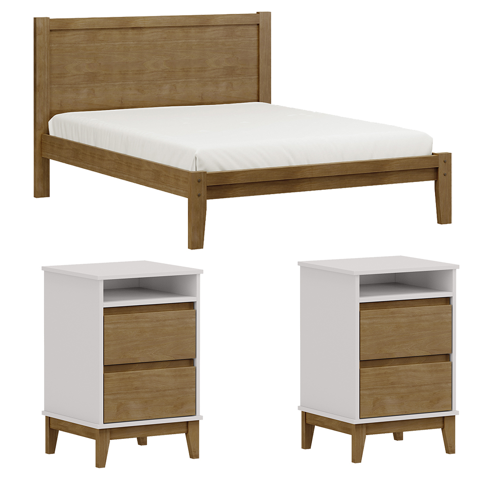 Cama Queen Madeira Maciça 02 Mesas de Cabeceira Off White Freijo Milani Store