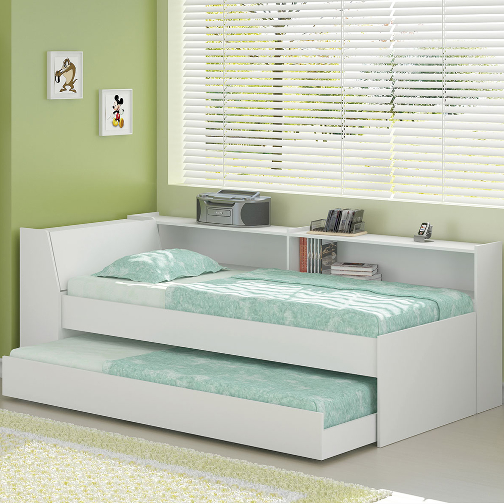 Cama Solteiro Bicama Bau Estante 2 Nichos BB2829 Branco Dtall