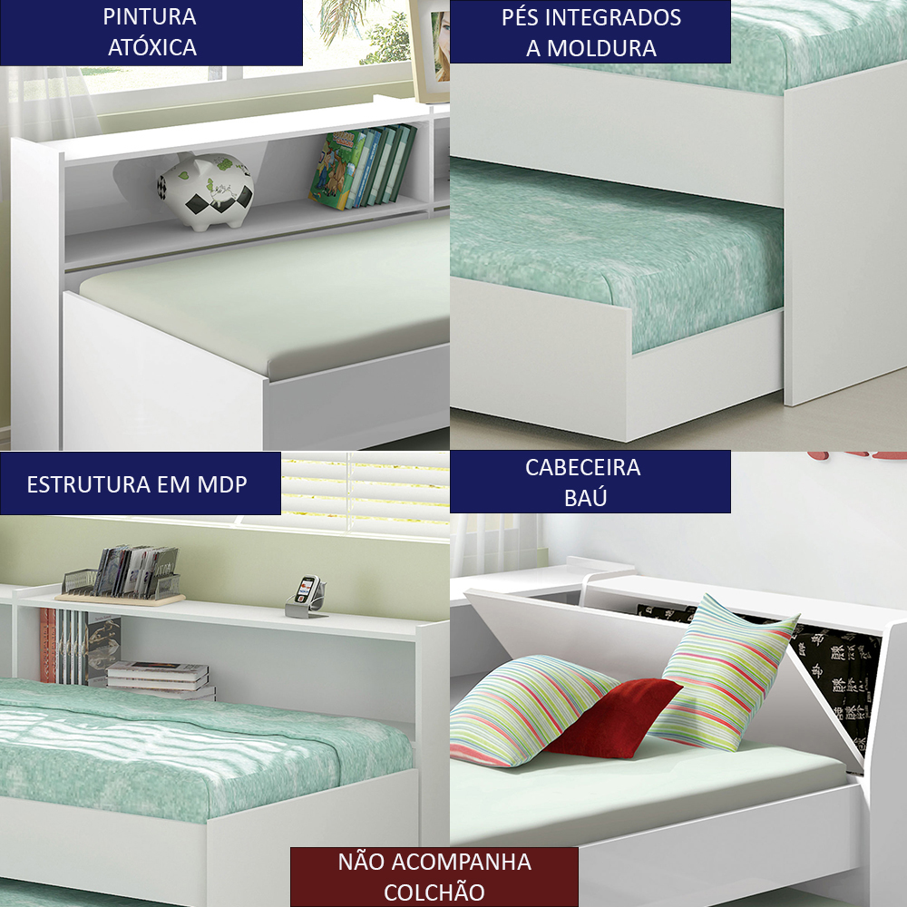Cama Solteiro Bicama Bau Estante 2 Nichos BB2829 Branco Dtall