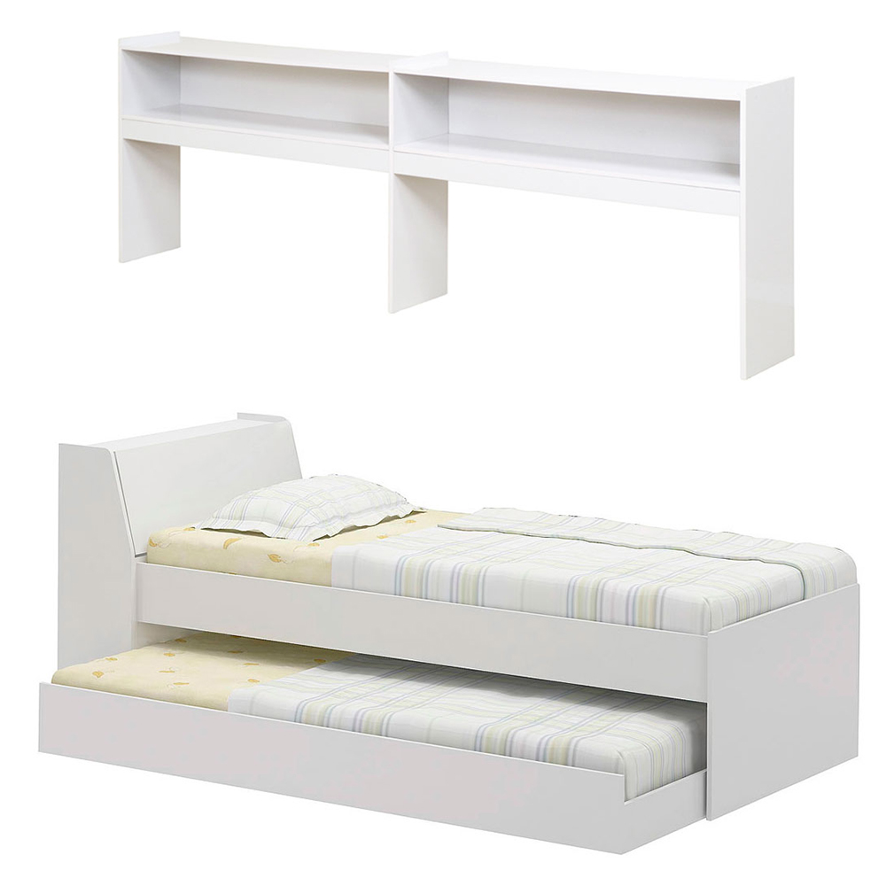 Cama Solteiro Bicama Bau Estante 2 Nichos BB2829 Branco Dtall
