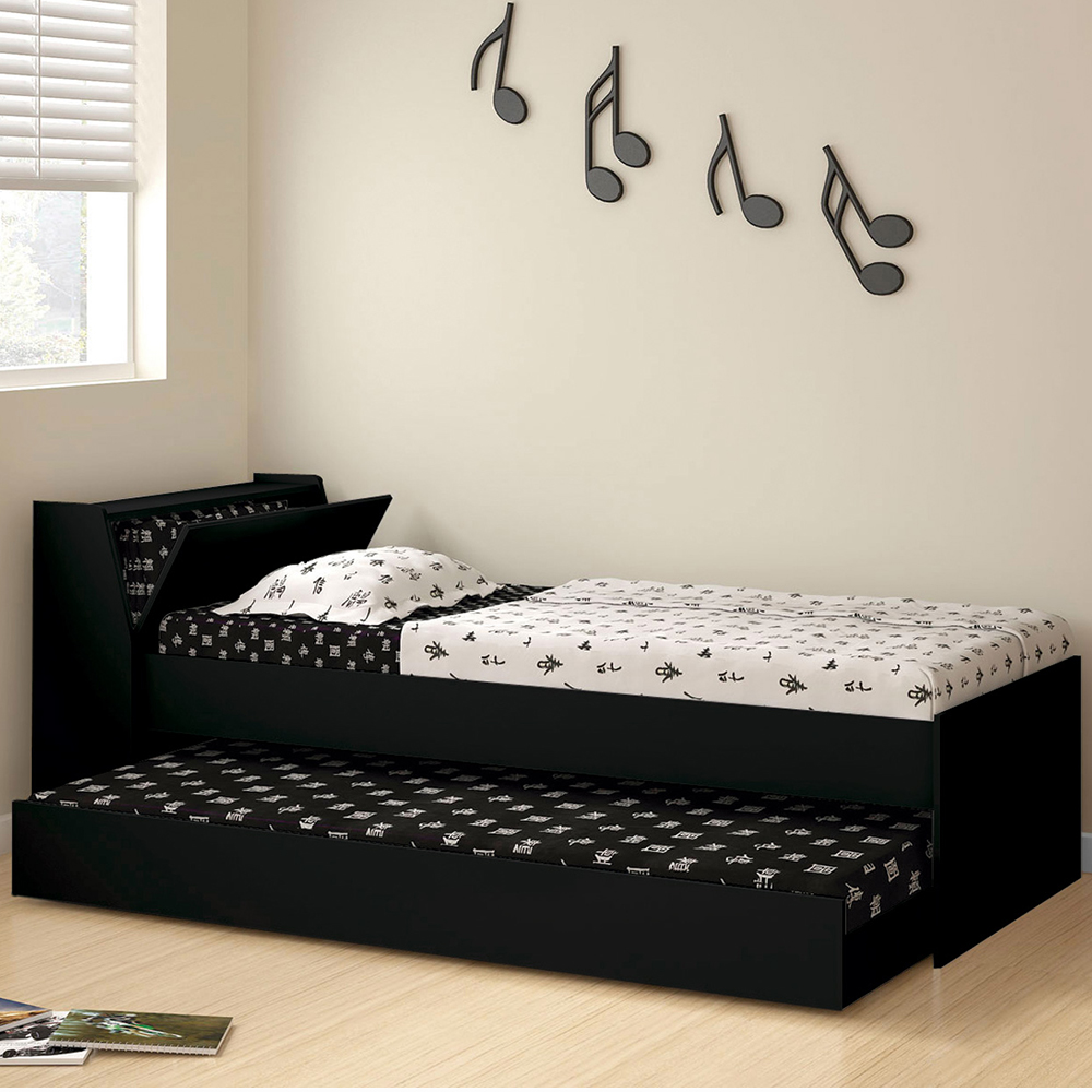 Cama Solteiro Bicama Cabeceira Bau 220x88 BB28 Preto Dtall