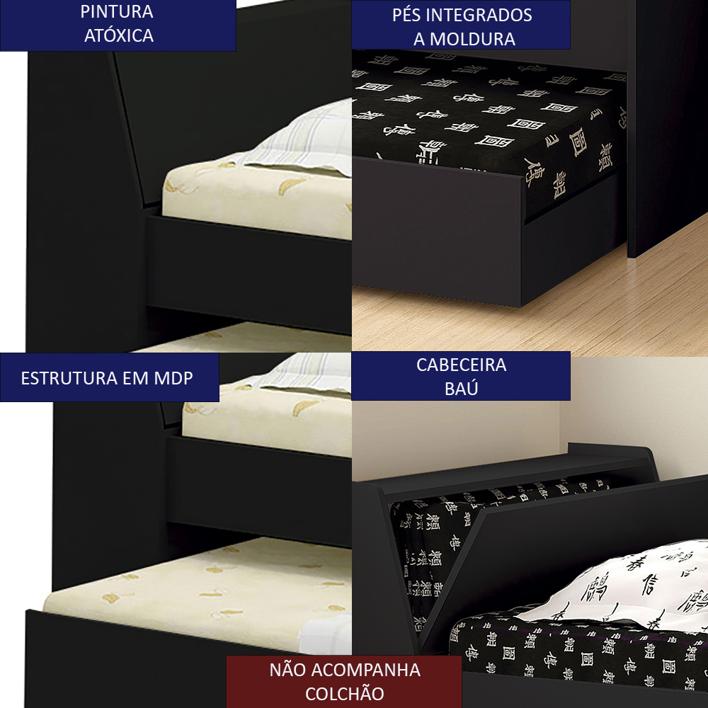 Cama Solteiro Bicama Cabeceira Bau 220x88 BB28 Preto Dtall