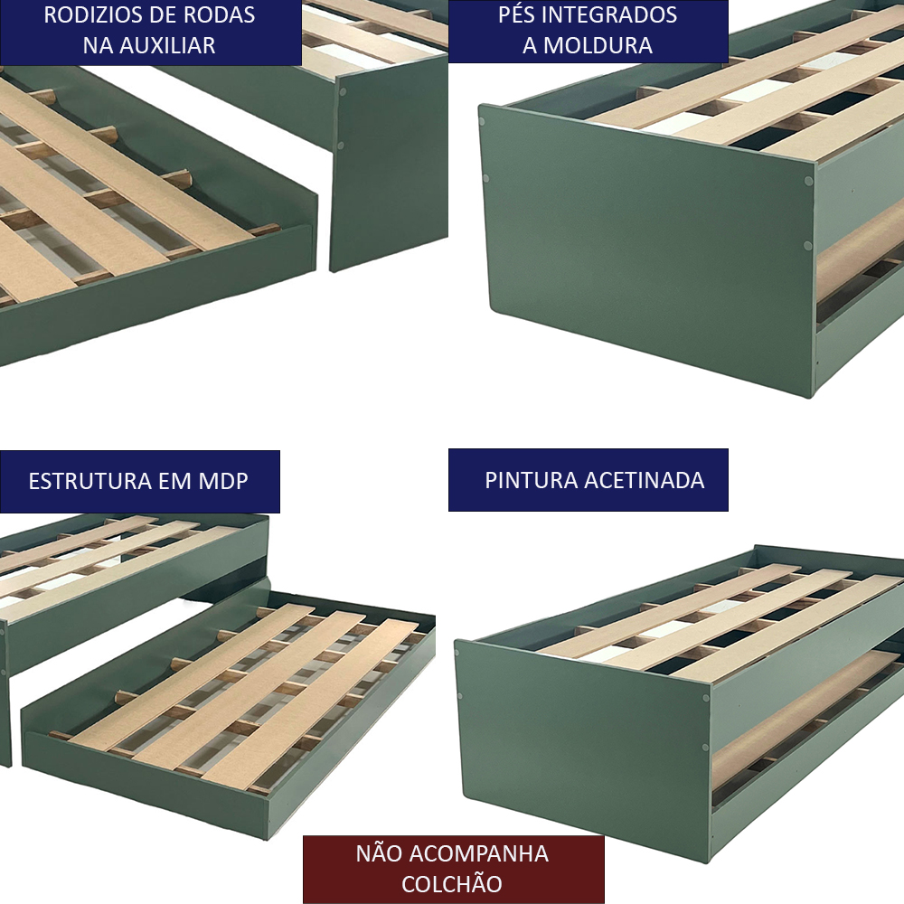 Cama Solteiro Bicama Com Cama Auxiliar 194x83 CM20 Verde Dtall