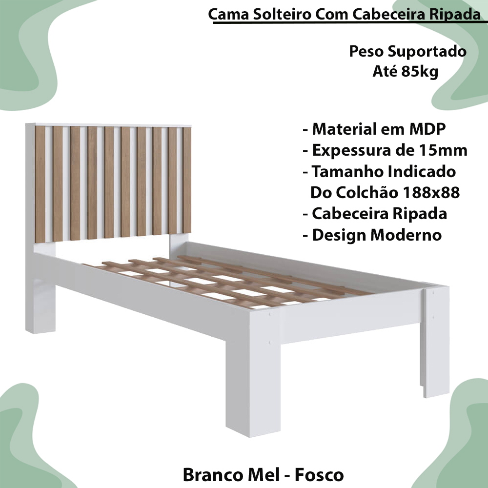Cama Solteiro Cabeceira Ripada 108X206cm Branco Mel PRODDY