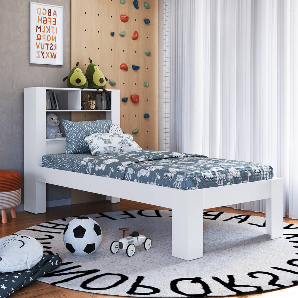 Cama Solteiro Com Cabeceira Funcional 111X214cm Branco PRODDY