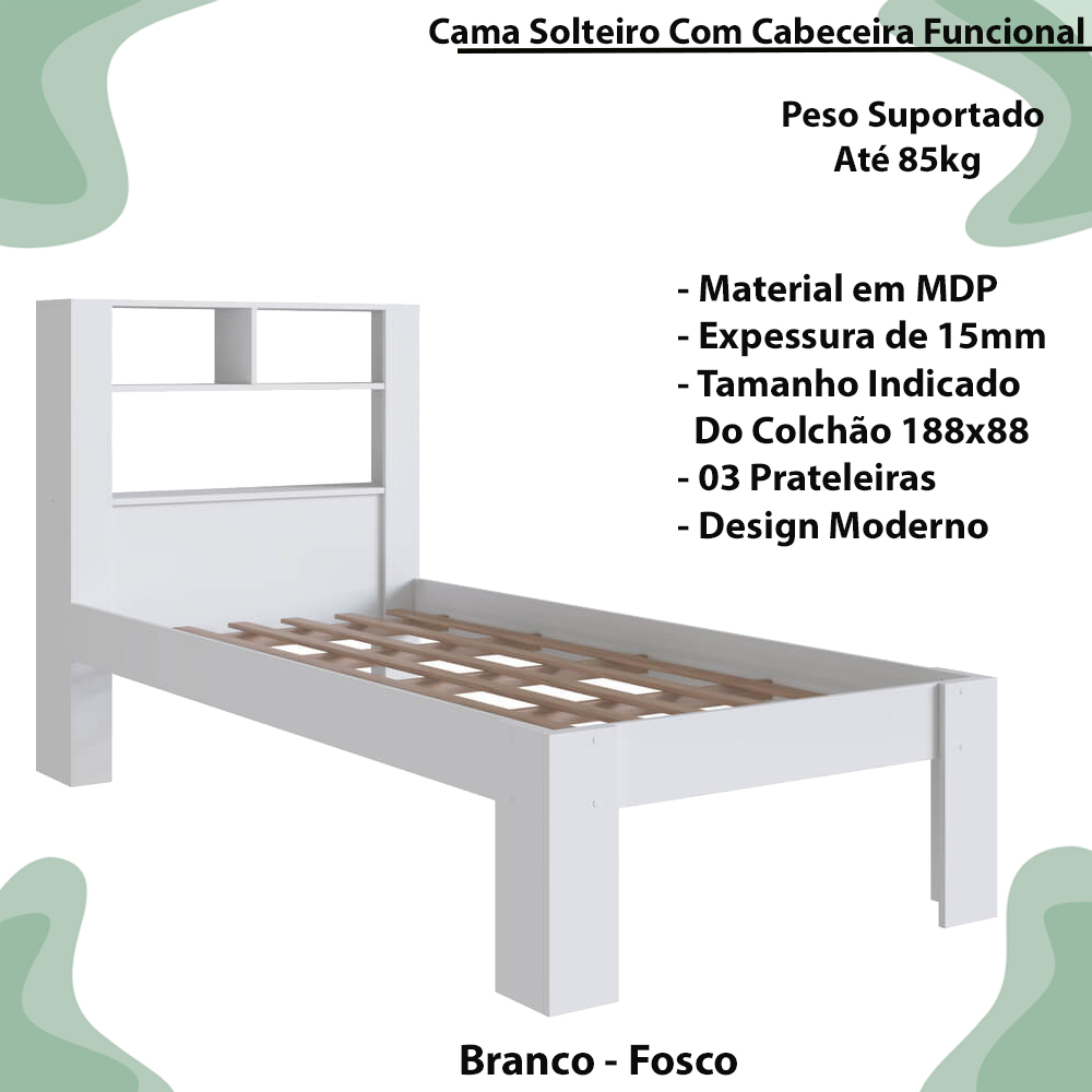 Cama Solteiro Com Cabeceira Funcional 111X214cm Branco PRODDY