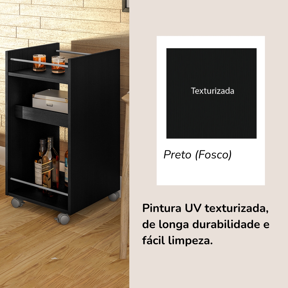 Carrinho Bar 3 Prateleiras E Rodizios 74X40 cm 3275 Preto ARLY