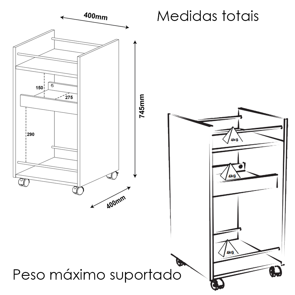 Carrinho Bar 3 Prateleiras E Rodizios 74X40 cm 4628 Cinamomo ARLY