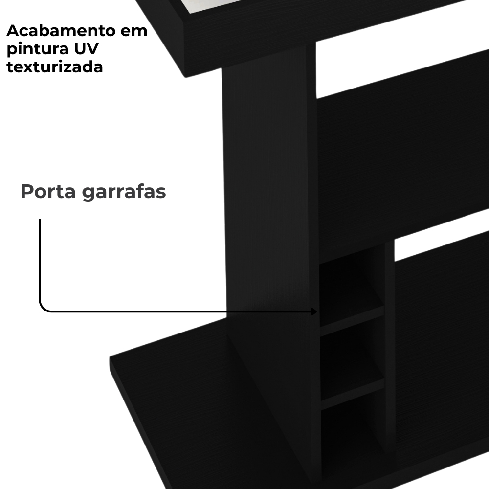 Carrinho Bar Com Rodízios 91 cm Tampo Espelhado Preto ARLY