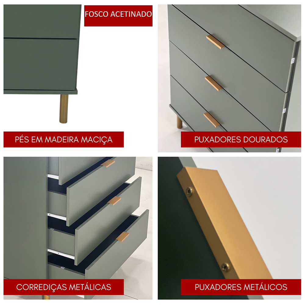 Comoda 158 cm 6 Gavetas Pes Madeira DM243 Verde Oliva Dtall
