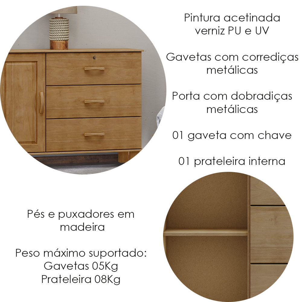 Comoda 3G 1P Madeira Maciça 118 cm 1139 Freijo Milani Store