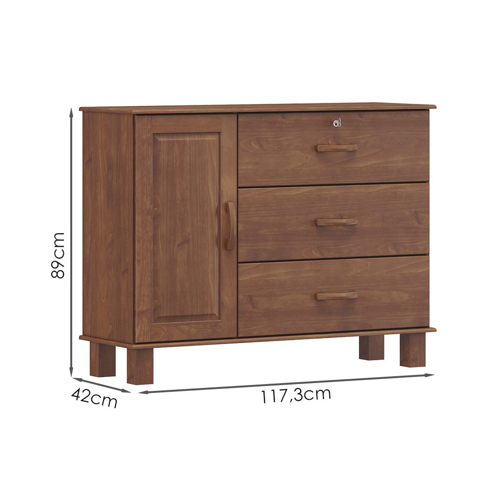 Comoda 3G 1P Madeira Maciça 118 cm 1139 Imbuia Milani Store