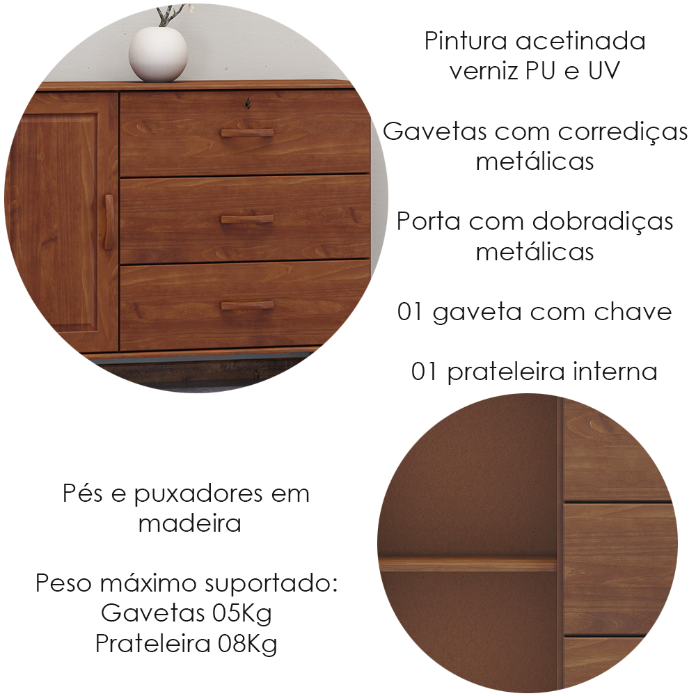 Comoda 3G 1P Madeira Maciça 118 cm 1139 Imbuia Milani Store