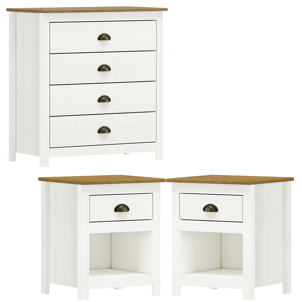 Comoda 4 Gav e 02 Mesas de Cabeceira Madeira Maciça Branco Freijo Milani Store