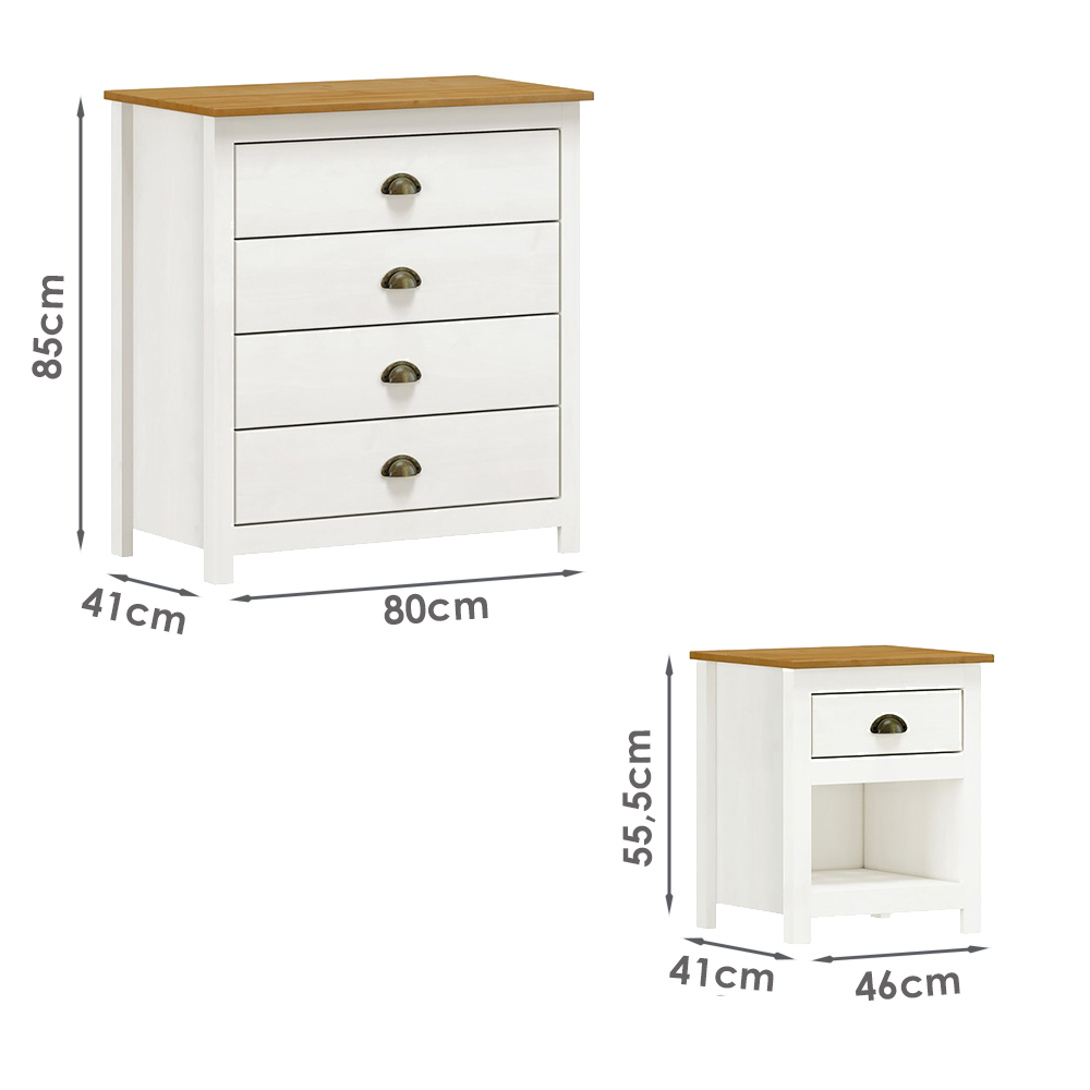 Comoda 4 Gav e 02 Mesas de Cabeceira Madeira Maciça Branco Freijo Milani Store