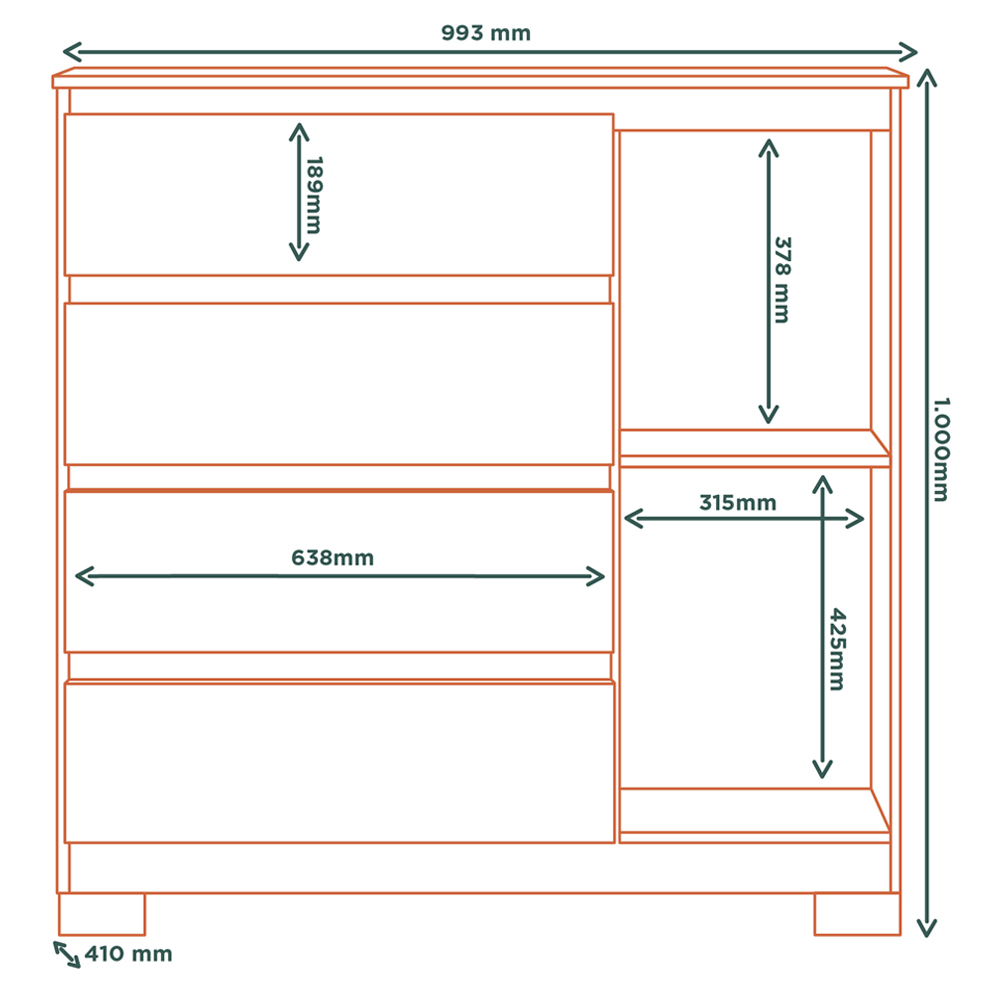 Comoda 4 Gavetas 1 Porta 100 cm VEG CO028 Branco Neve MXM