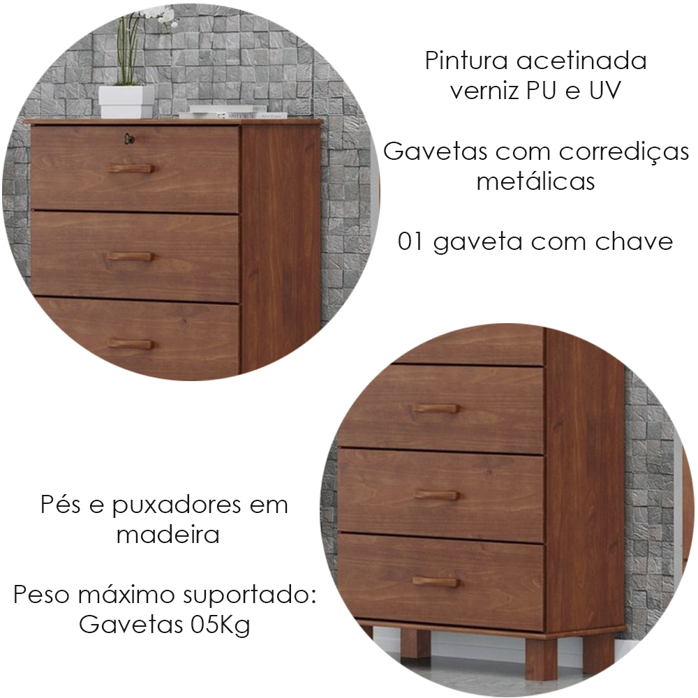 Comoda 4 Gavetas Madeira Maciça 79 cm 1138 Imbuia Milani Store