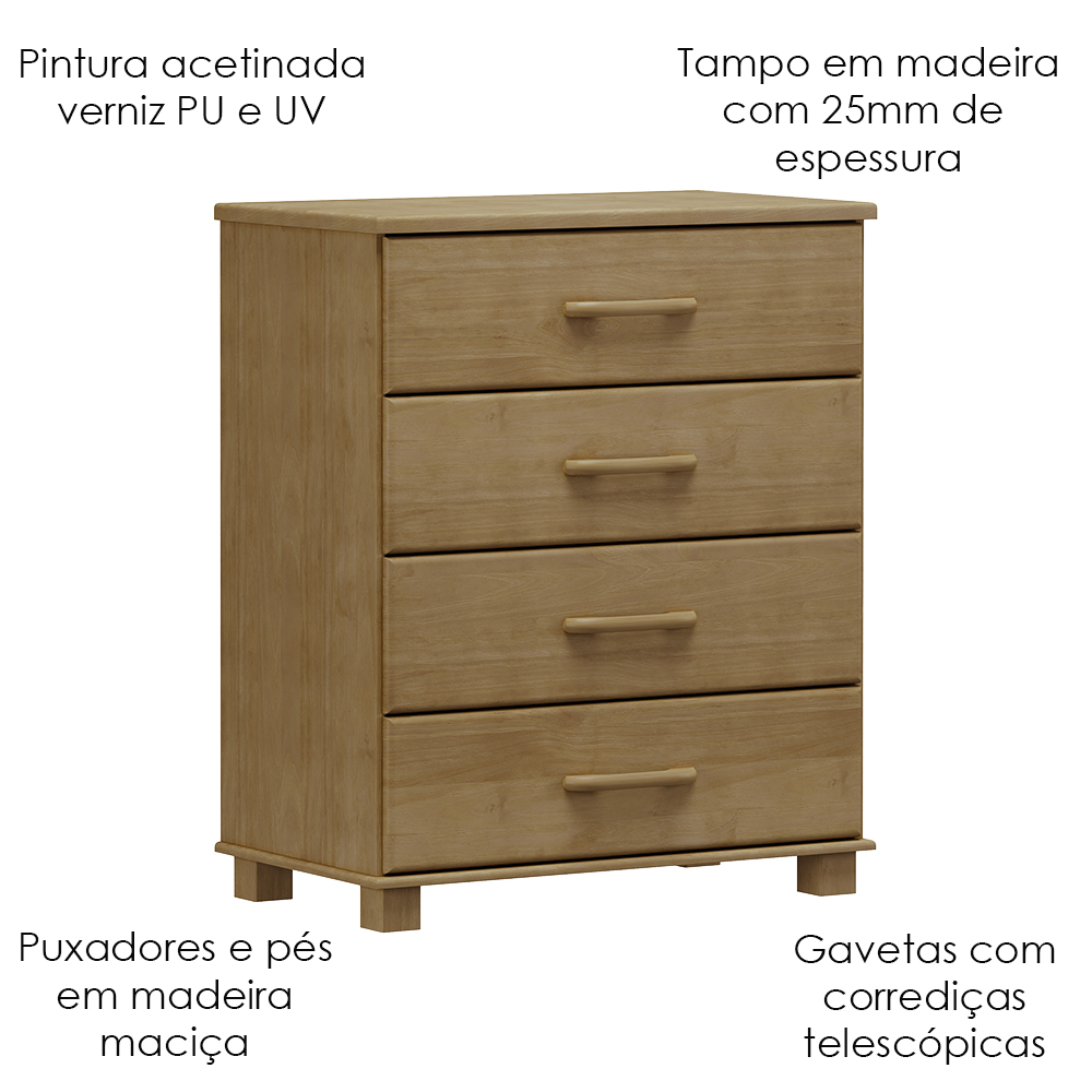 Comoda 4 Gavetas Madeira Maciça 84 cm 2250 Freijo Milani Store