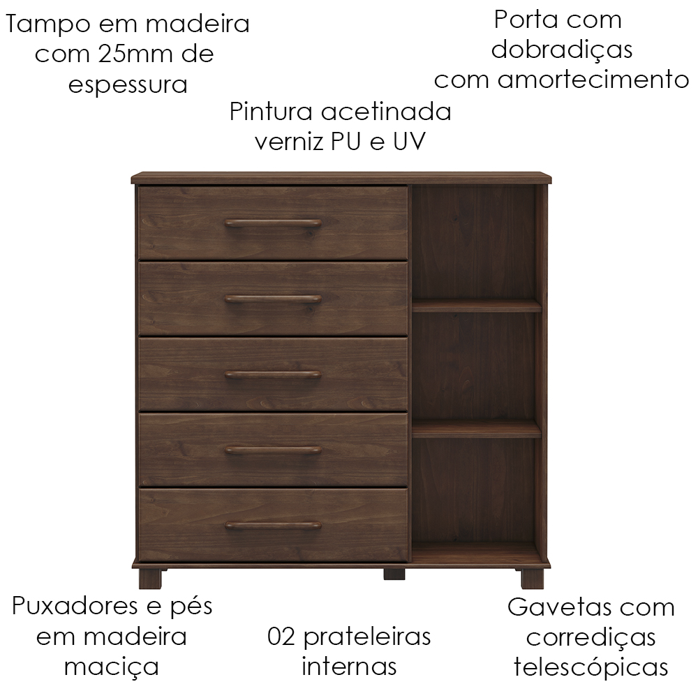 Comoda 5 Gavetas 1 Porta Madeira Maciça 125 cm 2251 Cafe Milani Store