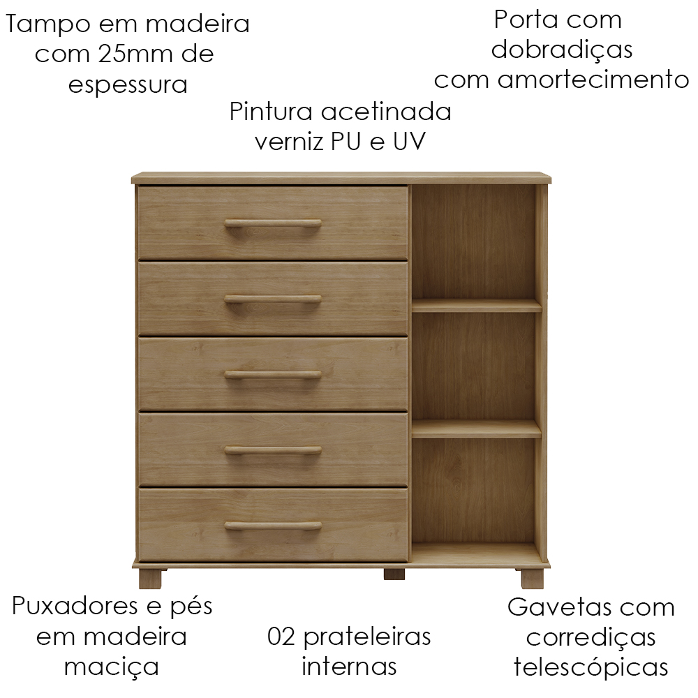 Comoda 5 Gavetas 1 Porta Madeira Maciça 125 cm 2251 Freijo Milani Store
