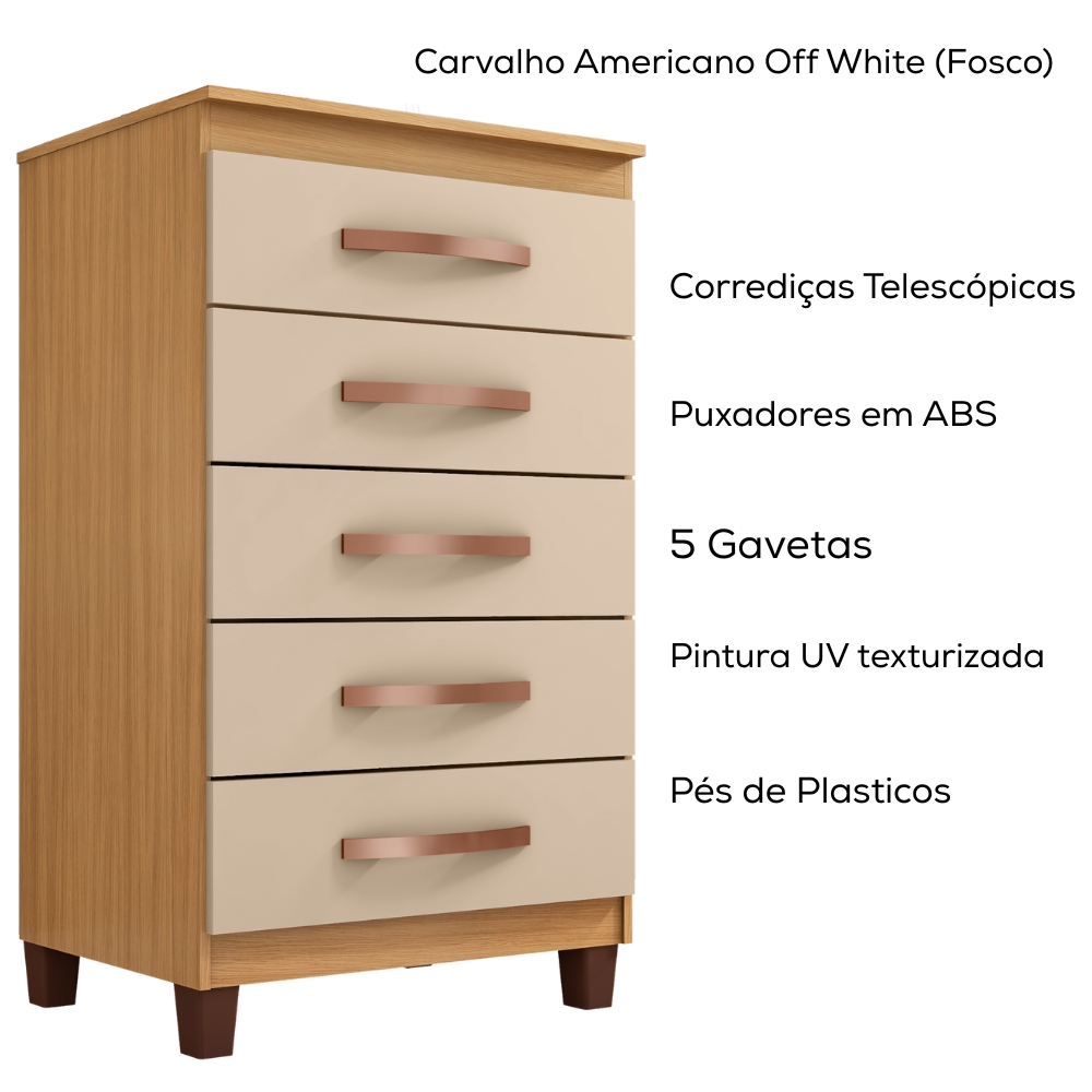 Comoda 5 Gavetas 57 cm Moden 2259 Carvalho Am Off White INCP