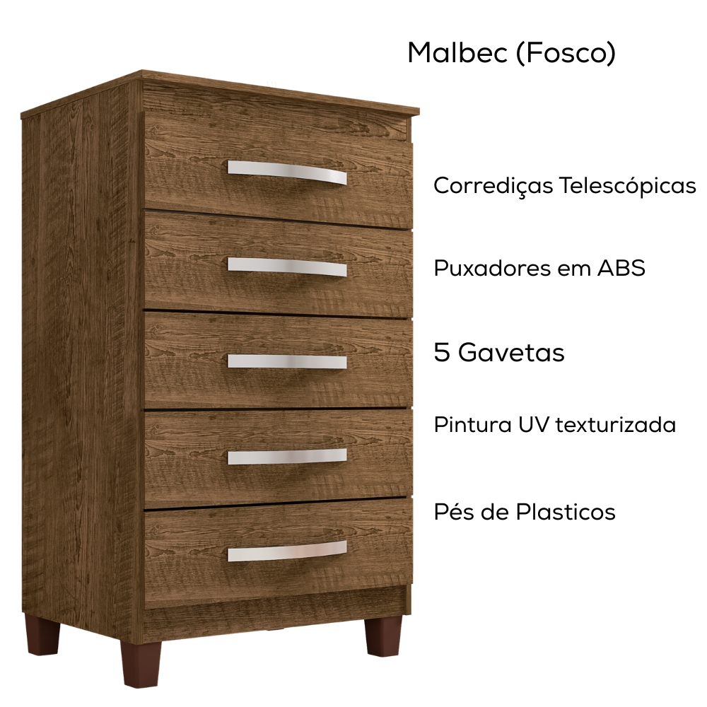 Comoda 5 Gavetas 57 cm Moden 2259 Malbec INCP