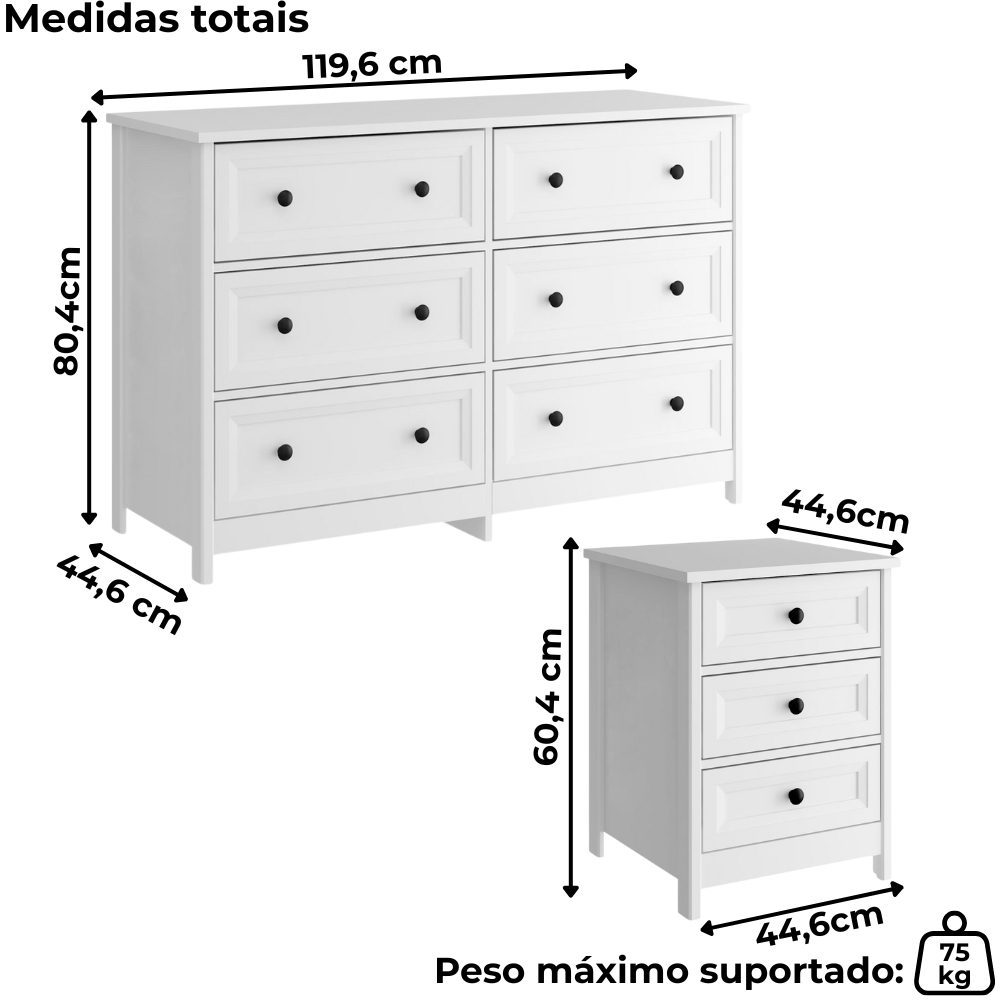 Comoda 6 Gavetas E 02 Mesas de Cabeceira 3 Gavetas Branco Dtall