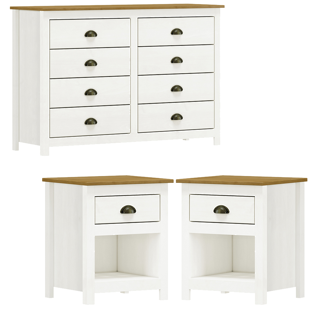 Comoda 8 Gav e 02 Mesas de Cabeceira Madeira Maciça Branco Freijo Milani Store