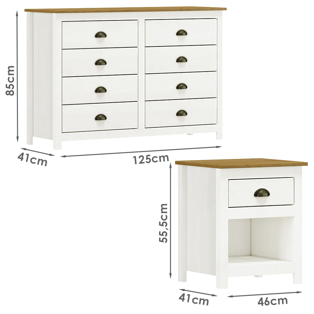 Comoda 8 Gav e 02 Mesas de Cabeceira Madeira Maciça Branco Freijo Milani Store