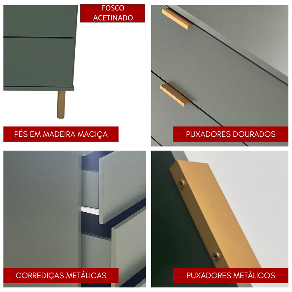 Comoda 80 cm 4 Gavetas Pes Madeira DM242 Verde Oliva Dtall