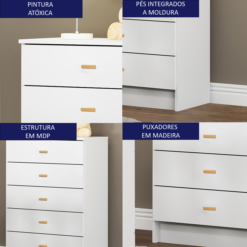 Comoda Infantil Para Quarto 5 Gavetas 60X91X38 cm BB120 Branco Dtall