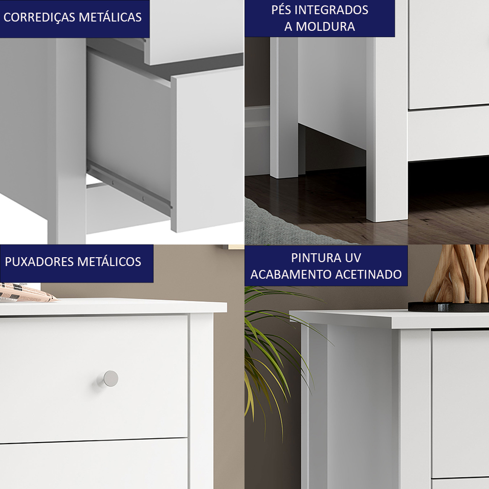 Comoda Para Quarto 3 Gavetas 76 cm DM219 Branco Dtall