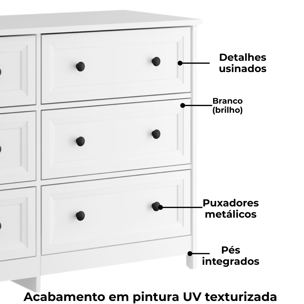 Comoda Para Quarto 6 Gavetas 120 cm DM217 Branco Dtall