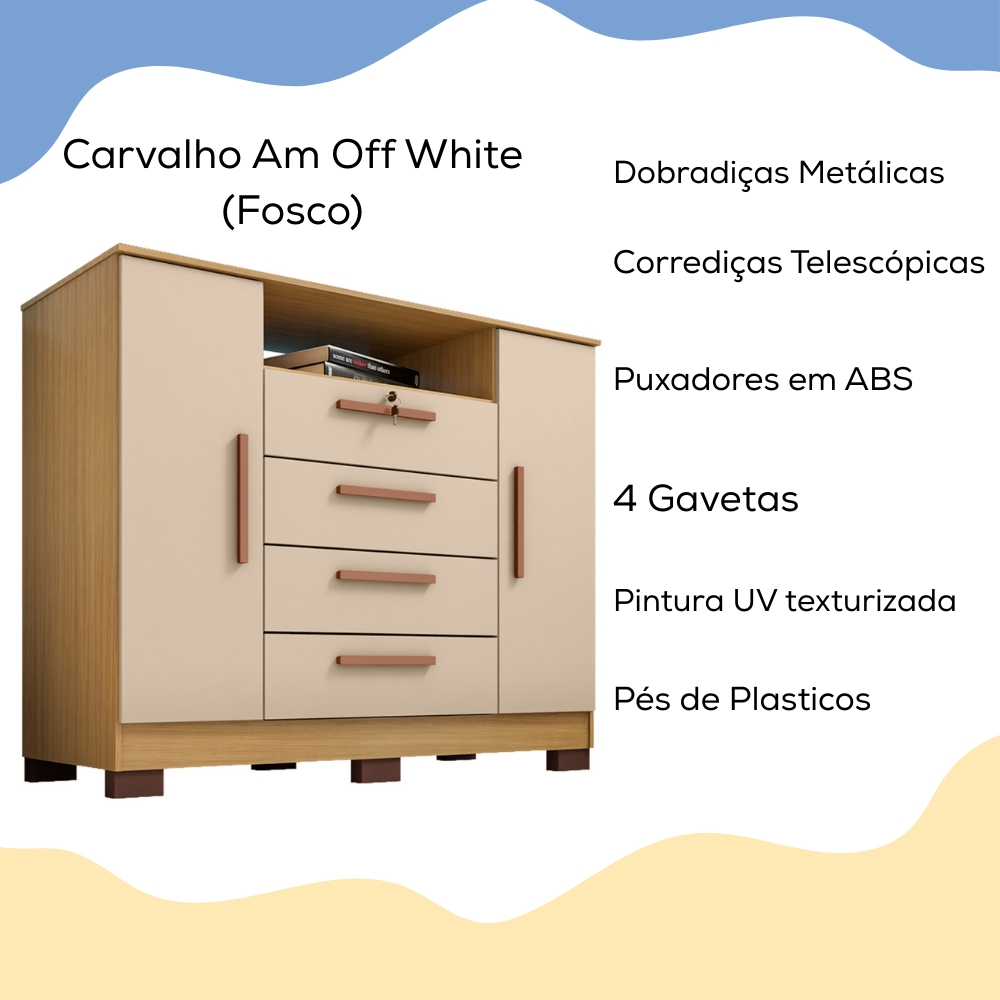 Comoda Rack 2P 4G Madri 121 cm Carvalho Am Off White INCP