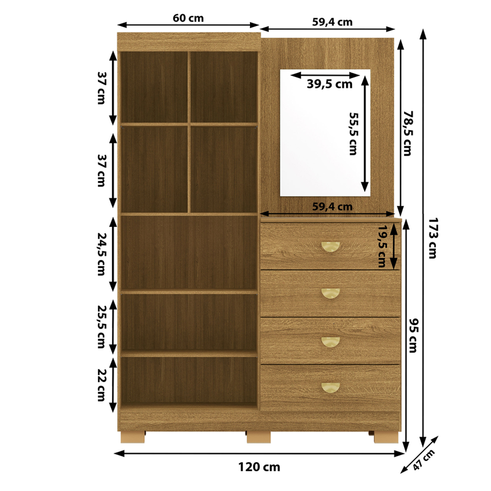 Comoda Roupeiro Espelho 120 cm 2 Portas 20034 Nature VLR