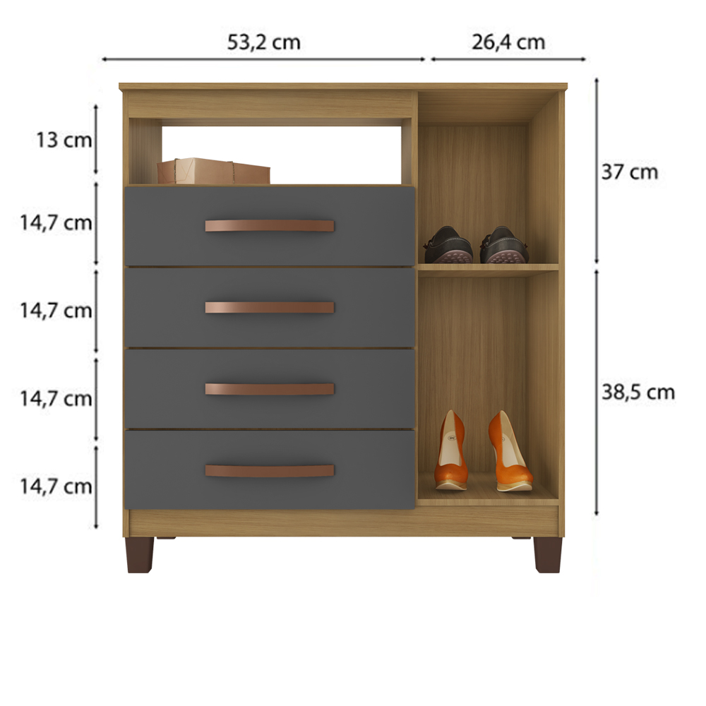 Comoda Sapateira 1P 4G 84 cm Moden 2258 Carvalho Am Grafite INCP
