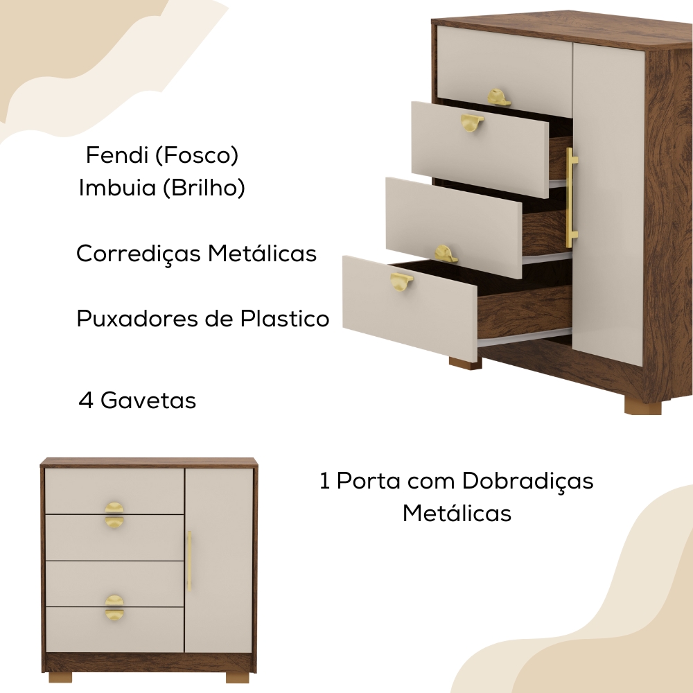 Comoda Sapateira 4 Gavetas 1P 93 cm 20033 Imbuia Fendi VLR