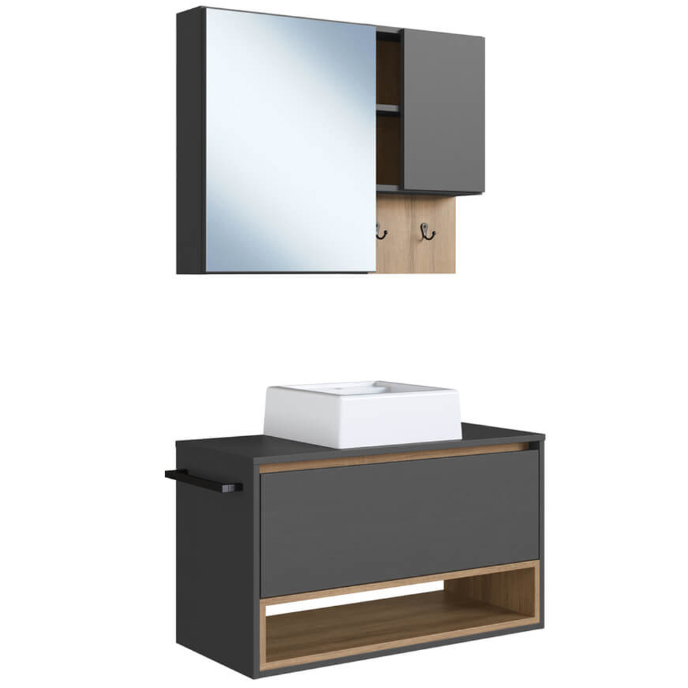 Conjunto Armario e Gabinete 80cm Com Cuba Mel Grafite PRODDY