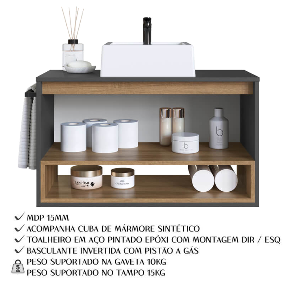 Conjunto Armario e Gabinete 80cm Com Cuba Mel Grafite PRODDY