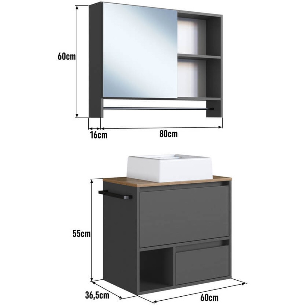 Conjunto Armario e Gabinete Com Cuba 60cm Mel Grafite PRODDY