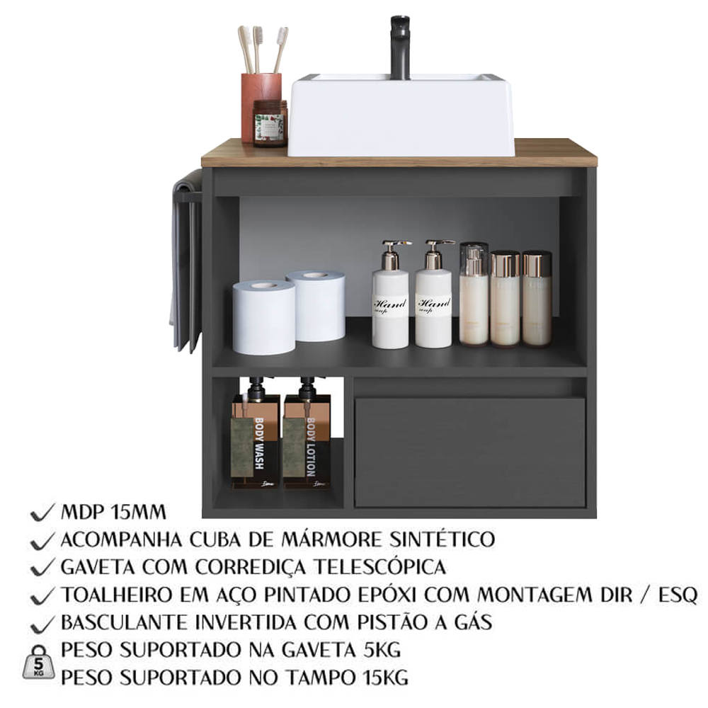 Conjunto Armario e Gabinete Com Cuba 60cm Mel Grafite PRODDY