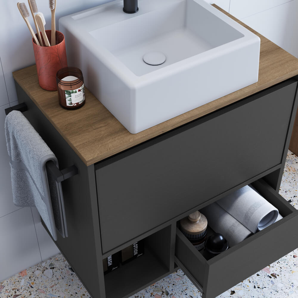 Conjunto Armario e Gabinete Com Cuba 60cm Mel Grafite PRODDY
