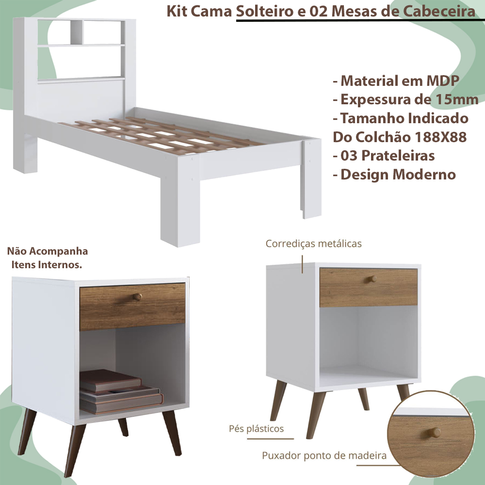 Conjunto Cama Solteiro E 02 Mesas de Cabeceira Branco Mel PRODDY